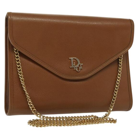 DIOR Chain Shoulder Bag Leather Brown Gold - Picture 1 of 12